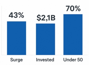 Bar chart showing 43% surge in demand, $2.1B invested, 70% of buyers under 50