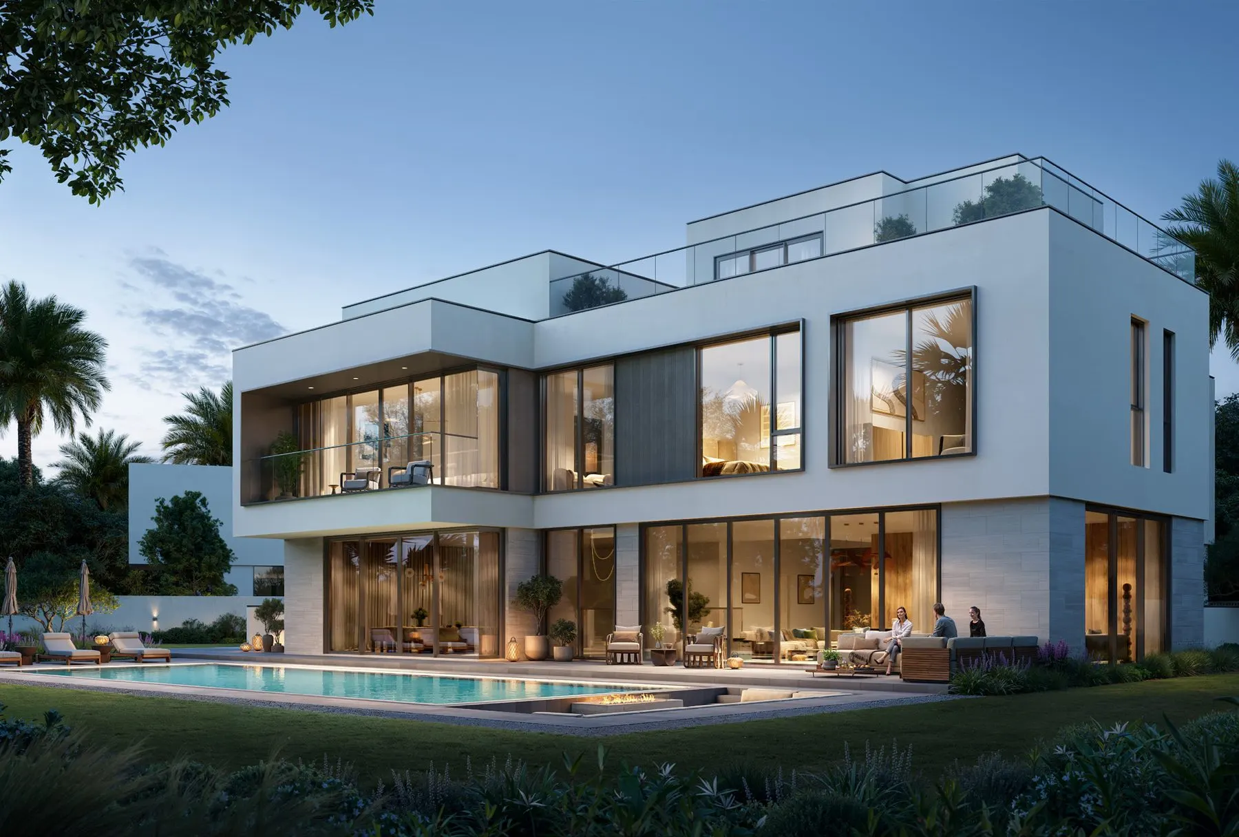 Address Villas Tierra villa with pool at dusk at The Oasis by Emaar