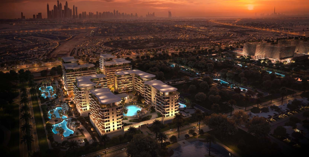 Aerial view of Sorrento Lagoon Views at sunset with the Dubai skyline behind