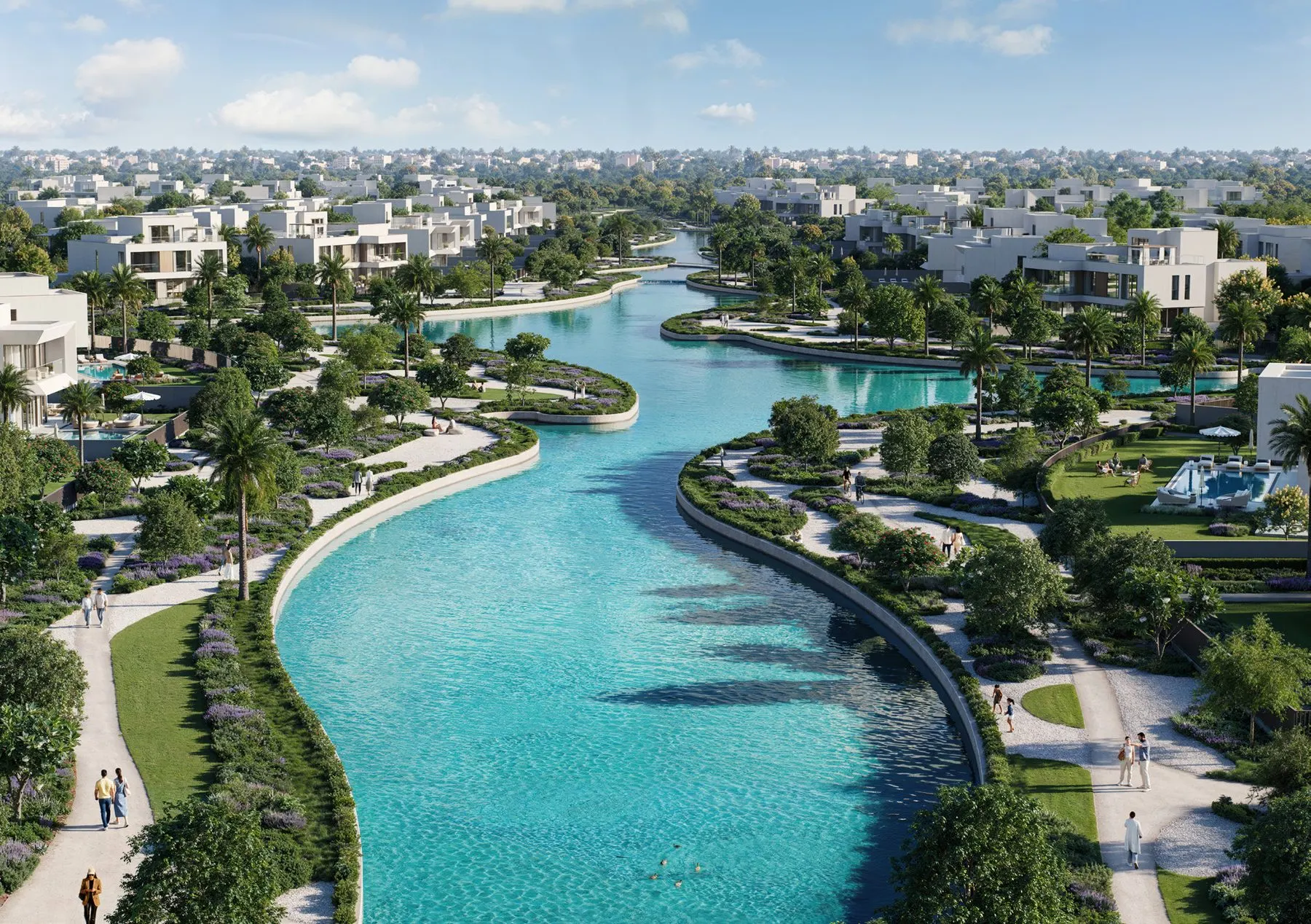 Aerial view of the lagoon and waterways at The Oasis by Emaar