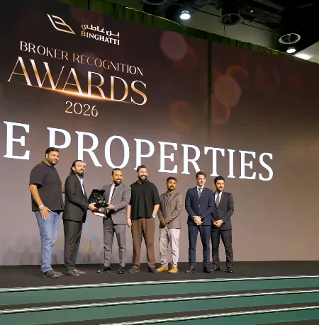 Throne Properties team on stage at the Binghatti Broker Recognition Awards 2026